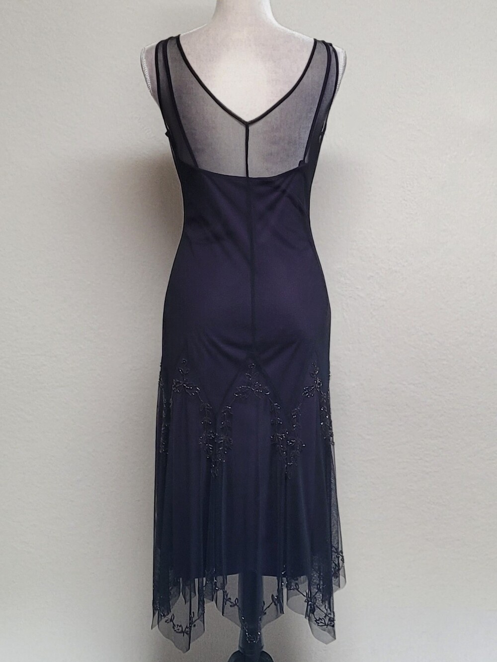 Gothic Fairytale Cache Vintage Black Sheer Mesh Beaded Asymmetric Midi Dress - Picture 8 of 12